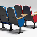 Blue And Red Upholstered Public Chairs With Wooden Armrests And Black Metal Legs For Theater