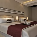 Hotel Guest Room Interior With Twin Beds Large Windows And Flat Screen TV