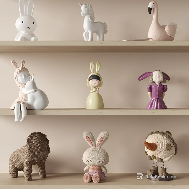 Cute Plush Dolls in Various Styles on Shelves 3d model