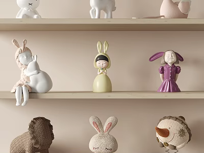 Cute Plush Dolls in Various Styles on Shelves 3d model