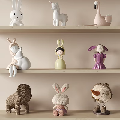 Cute Plush Dolls in Various Styles on Shelves 3d model