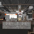 Chinese Style Restaurant Interior With Dragon Chandelier Stone Counter Metal Ceiling Frames And Brick Walls