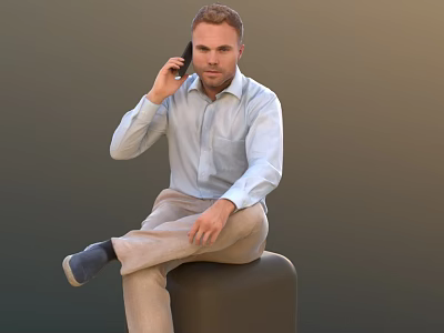 Man Talking On Phone Sitting On Black Cube With Light Blue Shirt And Beige Pants 3d model