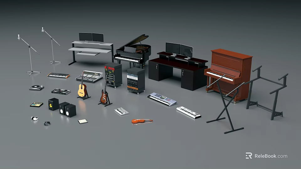 Complete Musical Instruments Collection Featuring Pianos Guitars Violins Microphones Mixing Consoles and Speakers 3d model 