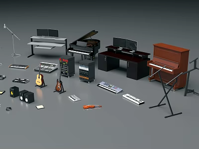 Complete Musical Instruments Collection Featuring Pianos Guitars Violins Microphones Mixing Consoles and Speakers 3d model