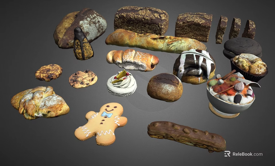 Assorted Freshly Baked Food Including Baguette Croissant Gingerbread Man Cake And Fruit Desserts 3d model 