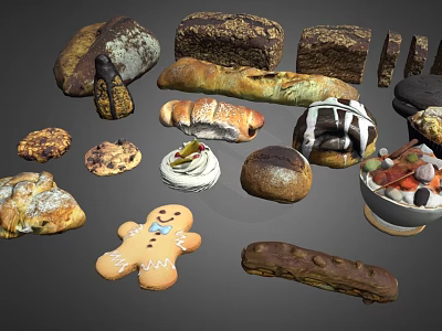 Assorted Freshly Baked Food Including Baguette Croissant Gingerbread Man Cake And Fruit Desserts 3d model