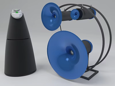 Modern Audio Speakers With Black Conical Design And Blue Horn Shaped Metal Stand 3d model