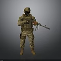 Military Soldier in Camouflage Uniform with Helmet Goggles and Rifle Standing on Gray Background