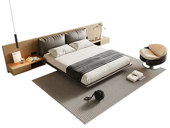 Modern Minimalist Double Bed Leather Double Bed Master Bedroom Double Bed Suspension Bedside Background Hanging Bedside Cabinet Carpet Books Jewelry Ornaments 3d model