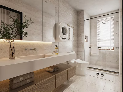 Modern Bathroom Interior With Floating Vanity Large Mirror Shower And Green Plant 3d model