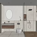 Modern Bathroom Interior With White Walls Oval Mirror Wooden Vanity Glass Shower And Natural Light