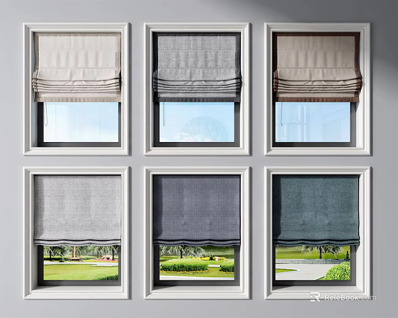 Modern Various Color Roller Blinds On Six Windows With White Frames And Green Lawn View 3d model 