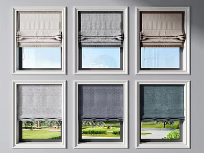 Modern Various Color Roller Blinds On Six Windows With White Frames And Green Lawn View 3d model