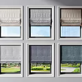 Modern Various Color Roller Blinds On Six Windows With White Frames And Green Lawn View