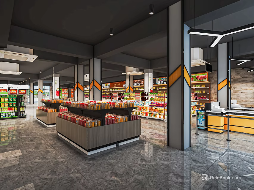 Spacious Modern Supermarket Interior With Well Organized Shelves And Checkout Counter 3d model 