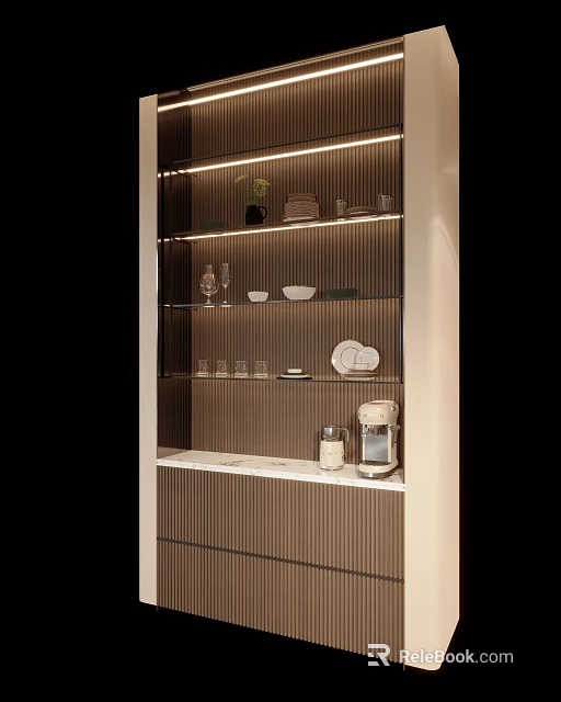 Modern Lighted Wine Cabinet With Glass Shelves Plates Cups Coffee Maker And Green Plant 3d model 