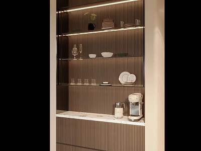 Modern Lighted Wine Cabinet With Glass Shelves Plates Cups Coffee Maker And Green Plant 3d model