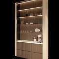 Modern Lighted Wine Cabinet With Glass Shelves Plates Cups Coffee Maker And Green Plant