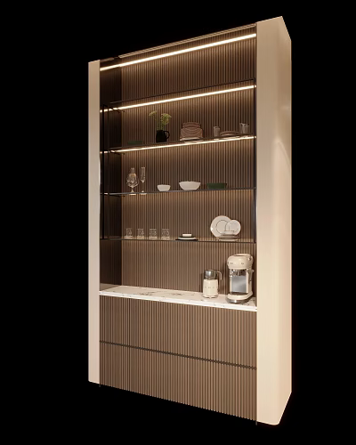 Modern Lighted Wine Cabinet With Glass Shelves Plates Cups Coffee Maker And Green Plant 3d model