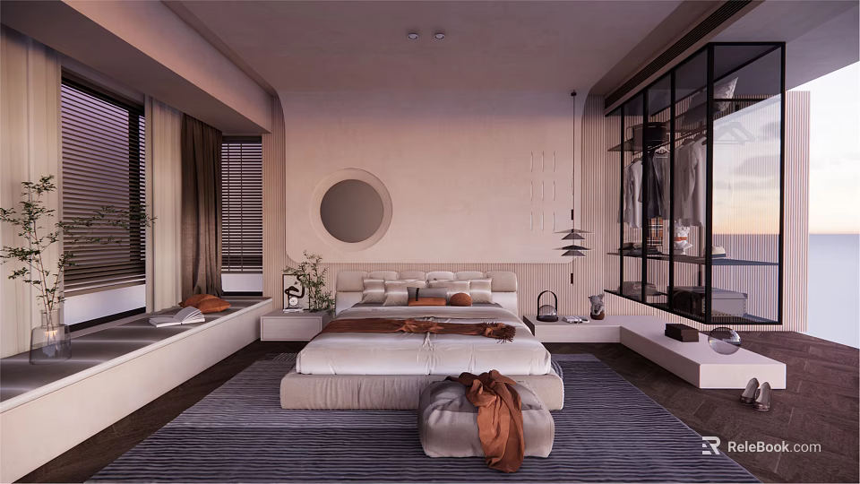 Modern Bedroom Interior Design With Platform Bed Round Mirror Soft Rug And Large Windows 3d model 