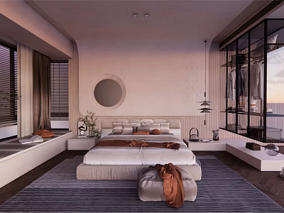 Modern Bedroom Interior Design With Platform Bed Round Mirror Soft Rug And Large Windows 3d model