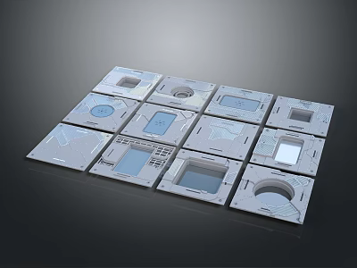 Twelve Gray Square Equipment Pieces With Different Holes Grooves Arranged Neatly On Dark Background 3d model