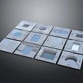Twelve Gray Square Equipment Pieces With Different Holes Grooves Arranged Neatly On Dark Background