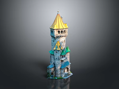 Cartoon Style Fantasy Tower Scene With Golden Spire Multiple Floors And Stone Walls 3d model