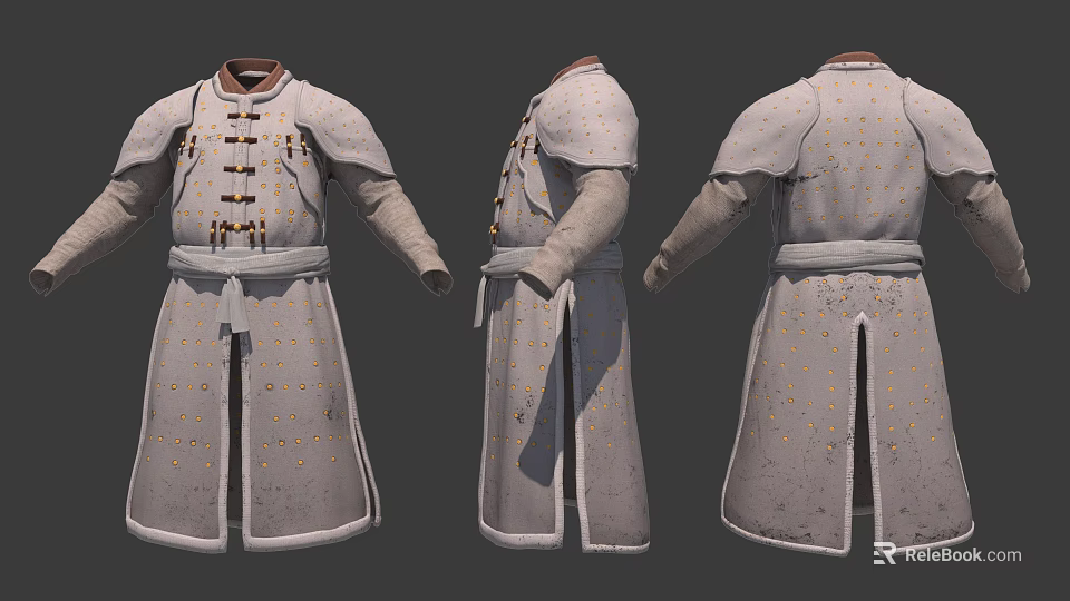 Traditional Gray Robe Three Views With Decorative Buttons Waist Belt And Gold Dots Pattern 3d model 