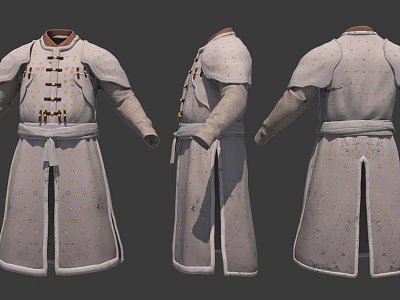 Traditional Gray Robe Three Views With Decorative Buttons Waist Belt And Gold Dots Pattern 3d model
