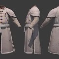 Traditional Gray Robe Three Views With Decorative Buttons Waist Belt And Gold Dots Pattern