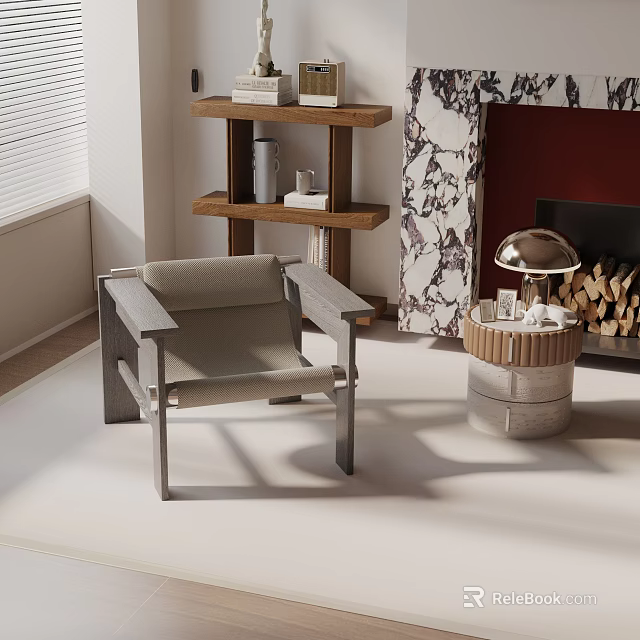 Modern Leisure Chair Near Fireplace With Side Table Bookshelf Patterned Wallpaper And Window Blinds 3d model 