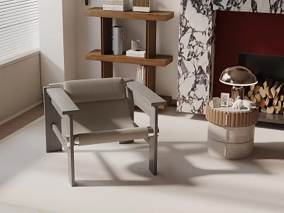 Modern Leisure Chair Near Fireplace With Side Table Bookshelf Patterned Wallpaper And Window Blinds 3d model