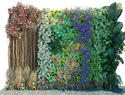 Vibrant Living Plant Wall With Diverse Green Plants Colorful Flowers And Natural Foliage 3d model