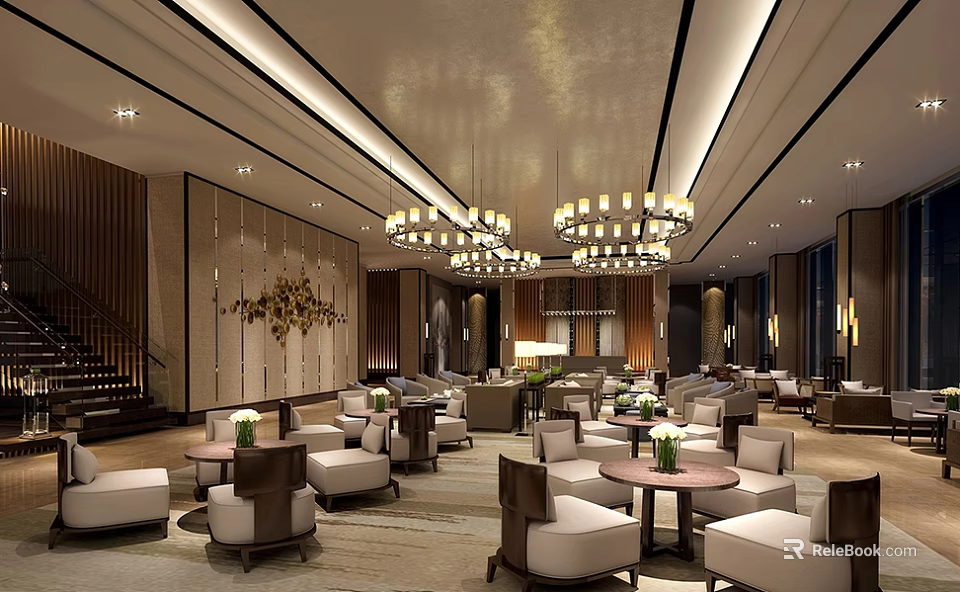Luxurious Sales Center Interior Design With Modern Chandeliers Sofas And Coffee Tables 3d model 