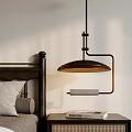 Modern Industrial Chandelier Above Bed With Dark Wooden Headboard And Nightstand