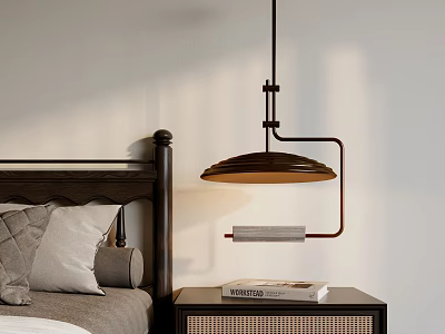 Modern Industrial Chandelier Above Bed With Dark Wooden Headboard And Nightstand 3d model