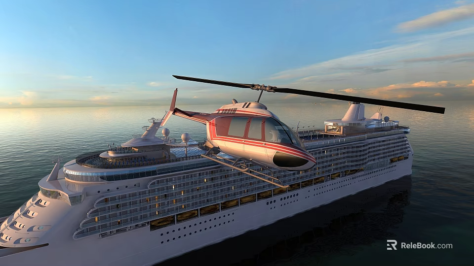 Luxury Yacht with Helicopter on Deck Sailing on Calm Sea Under Blue Sky 3d model 