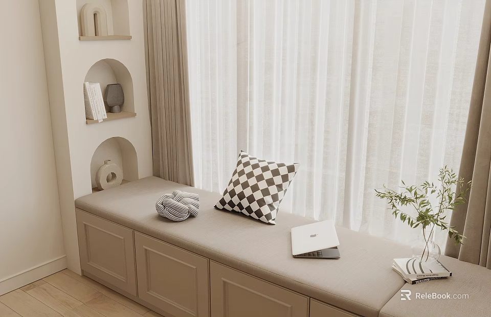 Cozy Bay Window Nook With Cushioned Seat Plaid Pillow Blanket Laptop And Green Plant 3d model 