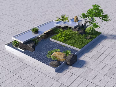 Garden Ornament Design With Pond Stones Green Plants Grass Pine Tree And Small Bridge 3d model