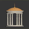 Classical Gazebo Structure With Golden Dome And White Columns On Circular Base