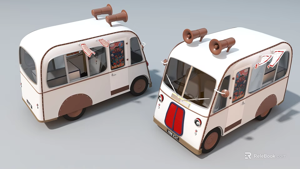 Creative Vintage Food Truck Art Installation With White Exterior And Roof Horns Design 3d model 