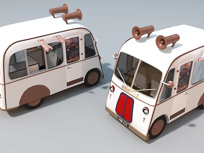 Creative Vintage Food Truck Art Installation With White Exterior And Roof Horns Design 3d model