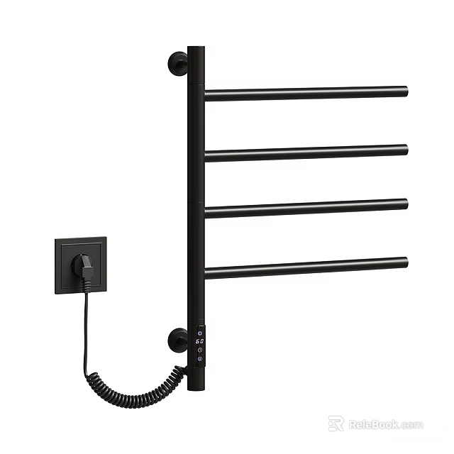 Black Electric Heated Bathroom Towel Rack With Multiple Bars And Power Plug 3d model 