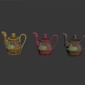 Three Vintage Copper Kettles With Green Patina Handles And Spouts As Household Items