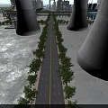 Industrial Plant Exterior Featuring Wide Road Lined With Trees And Tall Concrete Structures