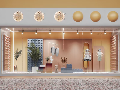 Fashionable Shop Window Display With Mannequins Decorative Spheres Green Plants And Warm Lighting 3d model