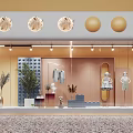 Fashionable Shop Window Display With Mannequins Decorative Spheres Green Plants And Warm Lighting