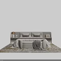 Double Bed with Beige Headboard Pillows Footstool Nightstands Table Lamp and Blanket